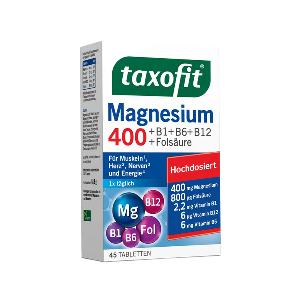 taxofit Magnesium 400 | 400 mg Magnesium + Vitamins B1, B6, B12 & Folic Acid | Muscles, Nerves, Energy & Heart Support | Vegan | 45 Tablets | PZN 17982326