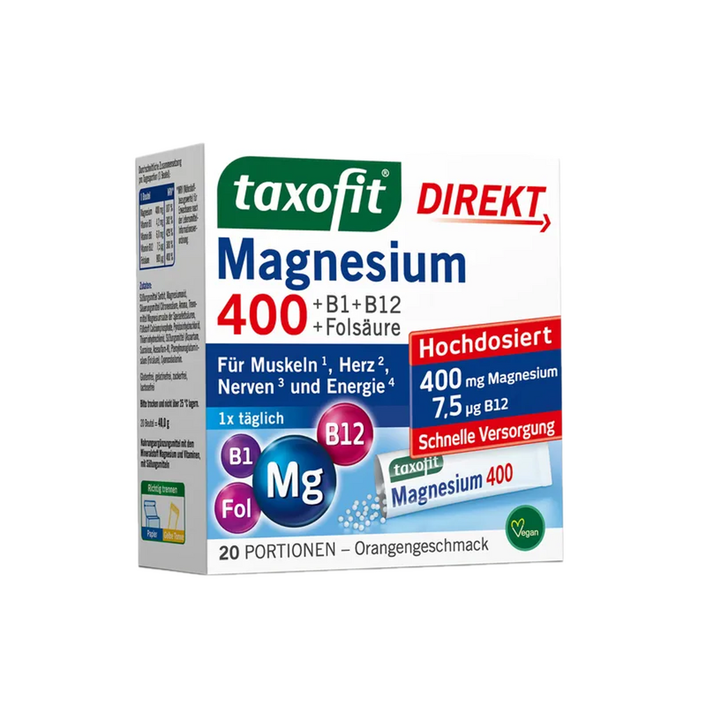 taxofit Magnesium 400 DIRECT Granules | 400 mg Magnesium + Vitamins B1, B6, B12 & Folic Acid | Muscles, Nerves & Energy | Vegan | 20 Sachets | PZN 02597700