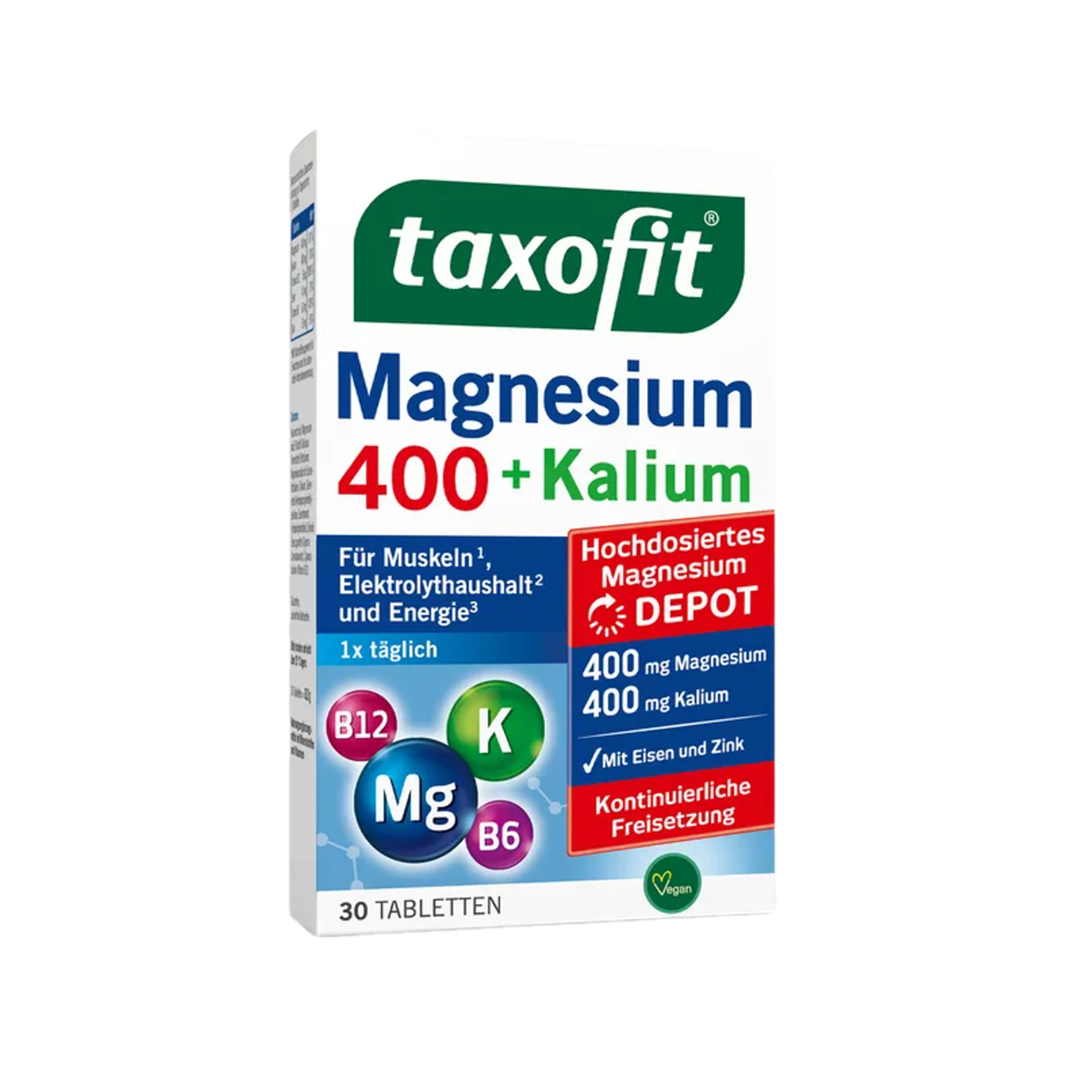 taxofit Magnesium 400 + Potassium | 400 mg Magnesium + 400 mg Potassium, B6, B12, Iron & Zinc | Muscles, Electrolytes & Energy | Vegan | 30 Tablets | PZN 18112952