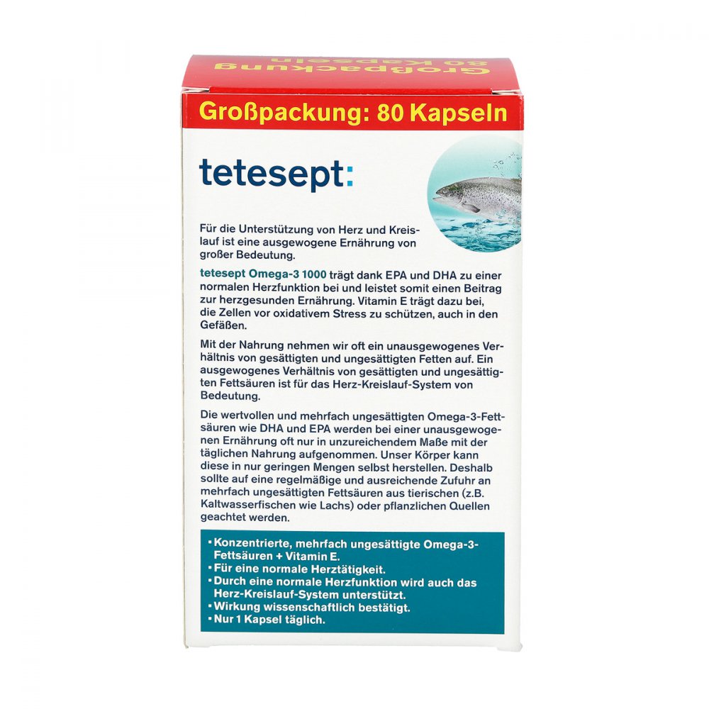 Tetesept Omega-3 1000 Capsules 80 pcs Fish Oil EPA DHA Vitamin E Heart Brain Eye Support PZN 11313245