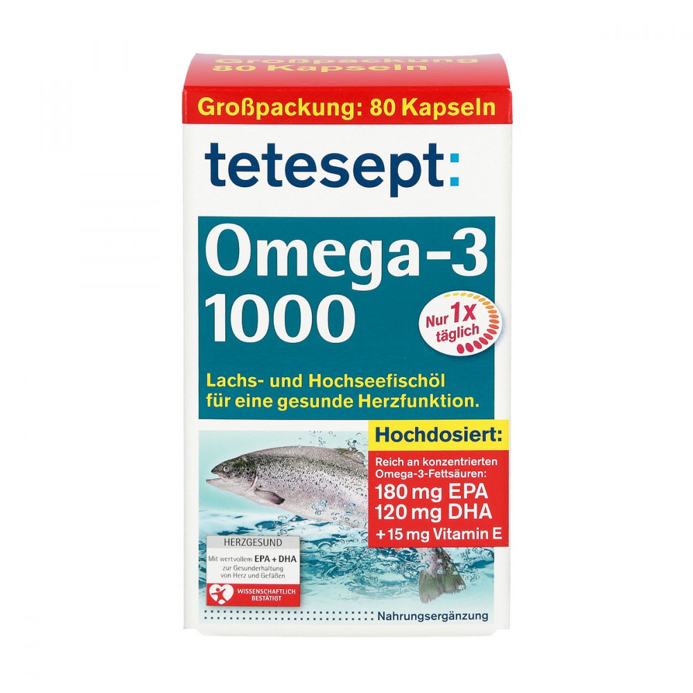 Tetesept Omega-3 1000 Capsules 80 pcs Fish Oil EPA DHA Vitamin E Heart Brain Eye Support PZN 11313245