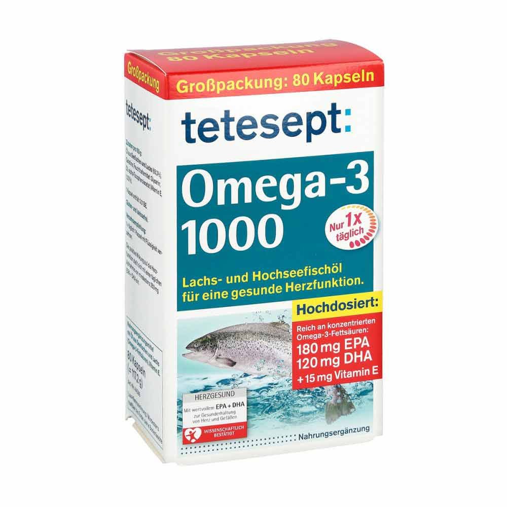 Tetesept Omega-3 1000 Capsules 80 pcs Fish Oil EPA DHA Vitamin E Heart Brain Eye Support PZN 11313245