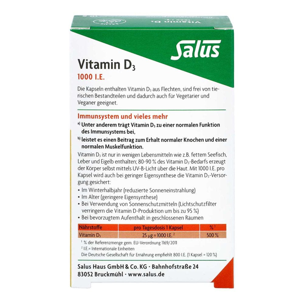 Vitamin D3 1000 IU Vegan Capsules Salus 60 pcs | Plant-Based Vitamin D3 from Lichen | PZN 18018940