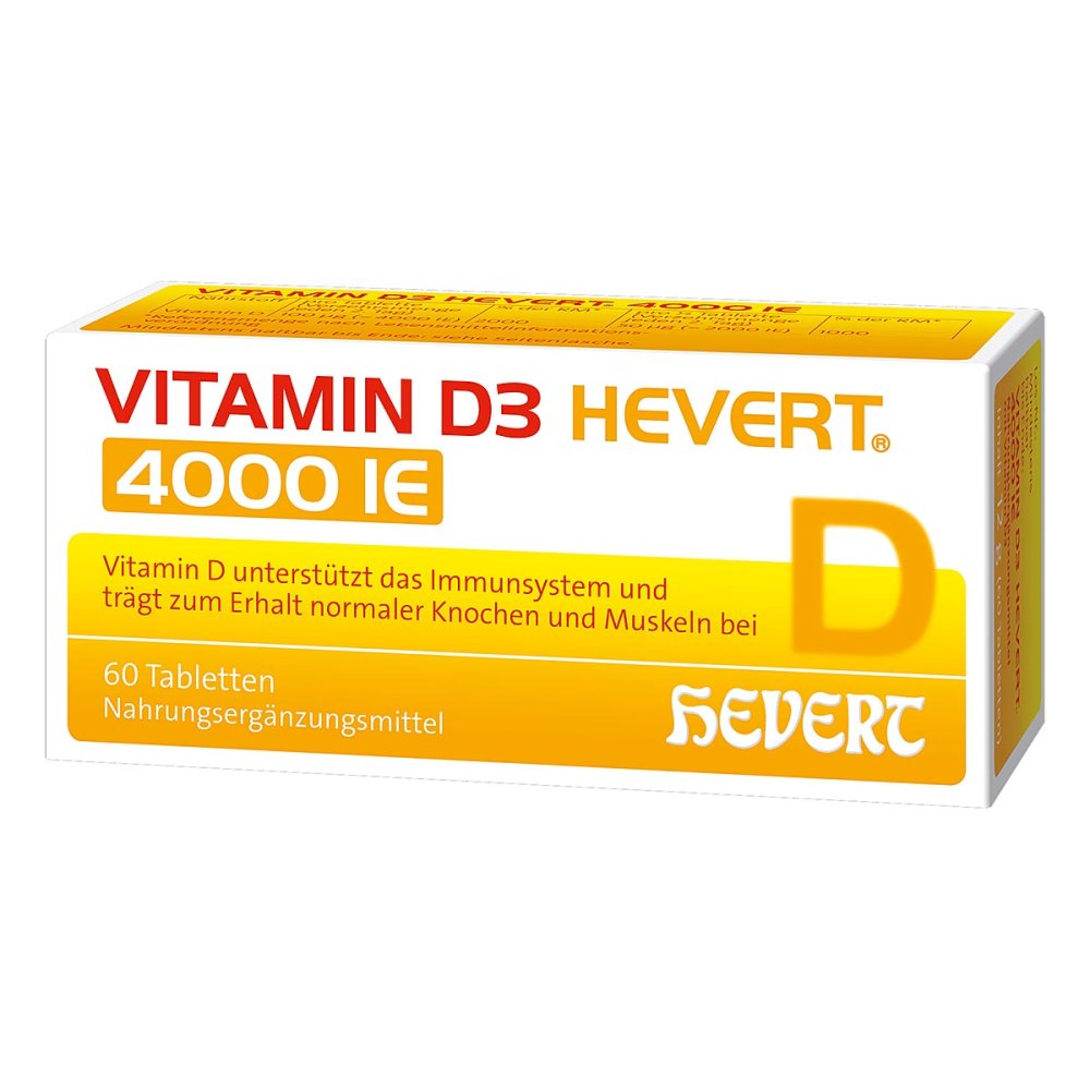 德国原装Hevert 4.000 IU 维生素D3 60 片 PZN 11295458 助益免疫系统和骨骼