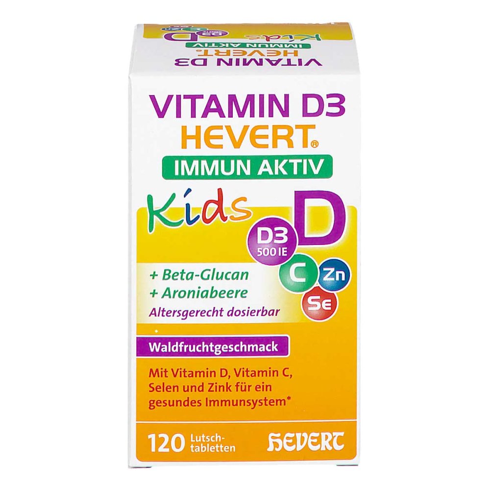 Vitamin D3 Hevert Immun Aktiv Kids 120 Lozenges | Vitamin D3, Vitamin C, Zinc, Selenium, Beta-Glucan & Aronia | Immune Support for Children | Vegan PZN 19972409