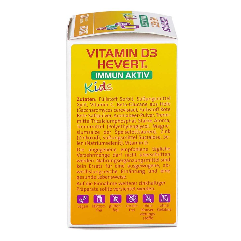 Vitamin D3 Hevert Immun Aktiv Kids 120 Lozenges | Vitamin D3, Vitamin C, Zinc, Selenium, Beta-Glucan & Aronia | Immune Support for Children | Vegan PZN 19972409