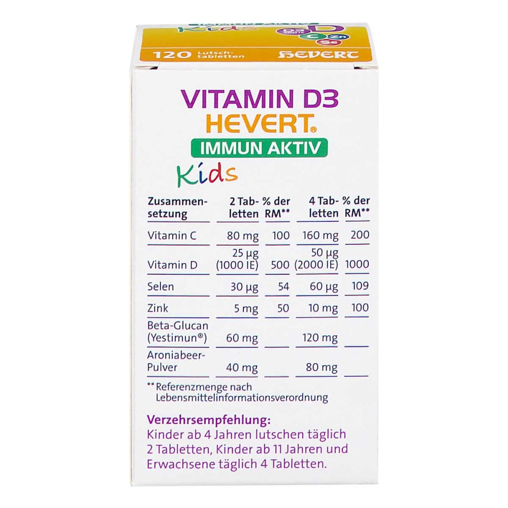 Vitamin D3 Hevert Immun Aktiv Kids 120 Lozenges | Vitamin D3, Vitamin C, Zinc, Selenium, Beta-Glucan & Aronia | Immune Support for Children | Vegan PZN 19972409