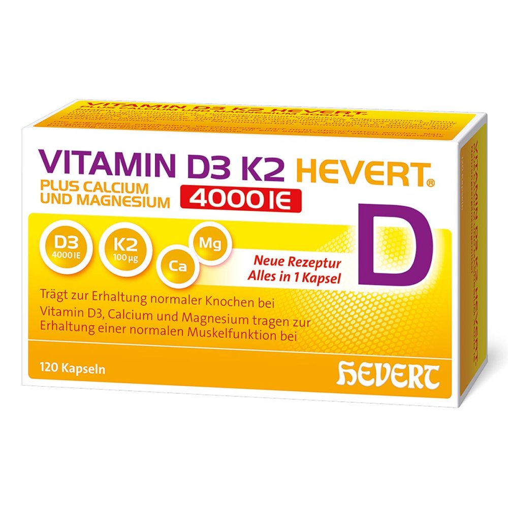Vitamin D3 K2 Hevert + Calcium and Magnesium 4000 IU Capsules, 120 pcs PZN 19295713