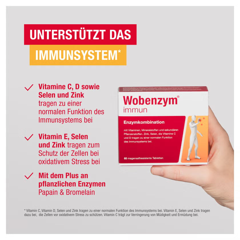 Wobenzym Immun Gastro-Resistant Tablets 60 Count | Beta-Glucans, Bromelain, Papain, Vitamins C, D & E | Zinc & Selenium | Immune System Support | Made in Germany | PZN 15421635