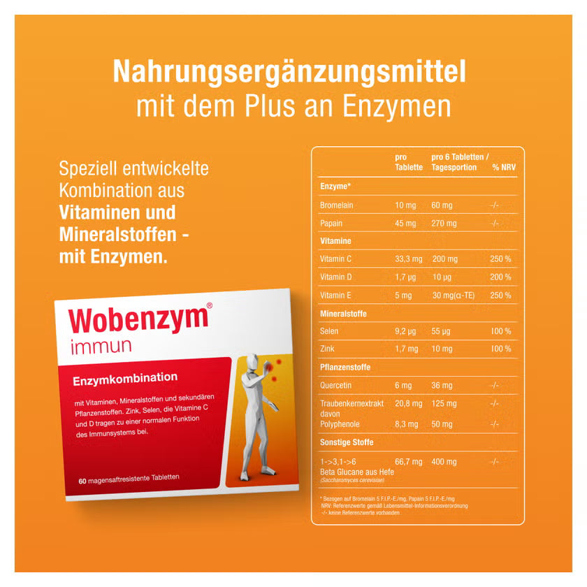 Wobenzym Immun Gastro-Resistant Tablets 60 Count | Beta-Glucans, Bromelain, Papain, Vitamins C, D & E | Zinc & Selenium | Immune System Support | Made in Germany | PZN 15421635