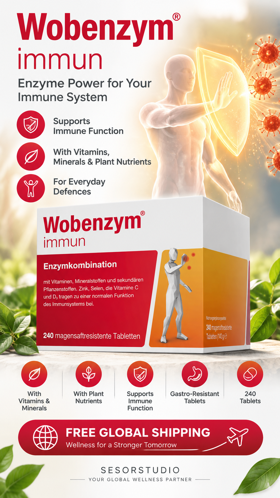 Wobenzym Immun Gastro-Resistant Tablets 240 Count | Beta-Glucans, Bromelain, Papain, Vitamins C, D & E | Zinc & Selenium | Immune System Support | Made in Germany | PZN 07368648